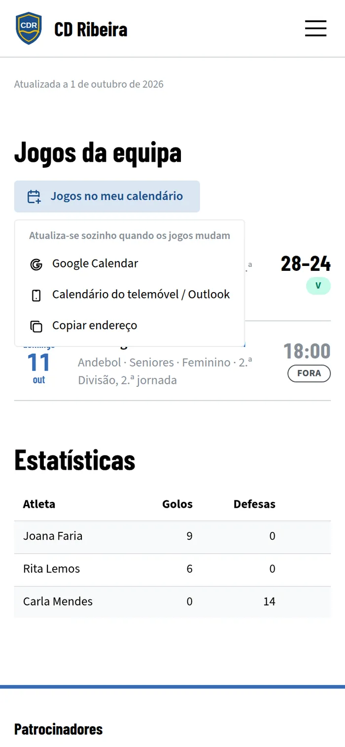 O menu para acrescentar os jogos da equipa ao Google Calendar ou ao calendário do telemóvel.
